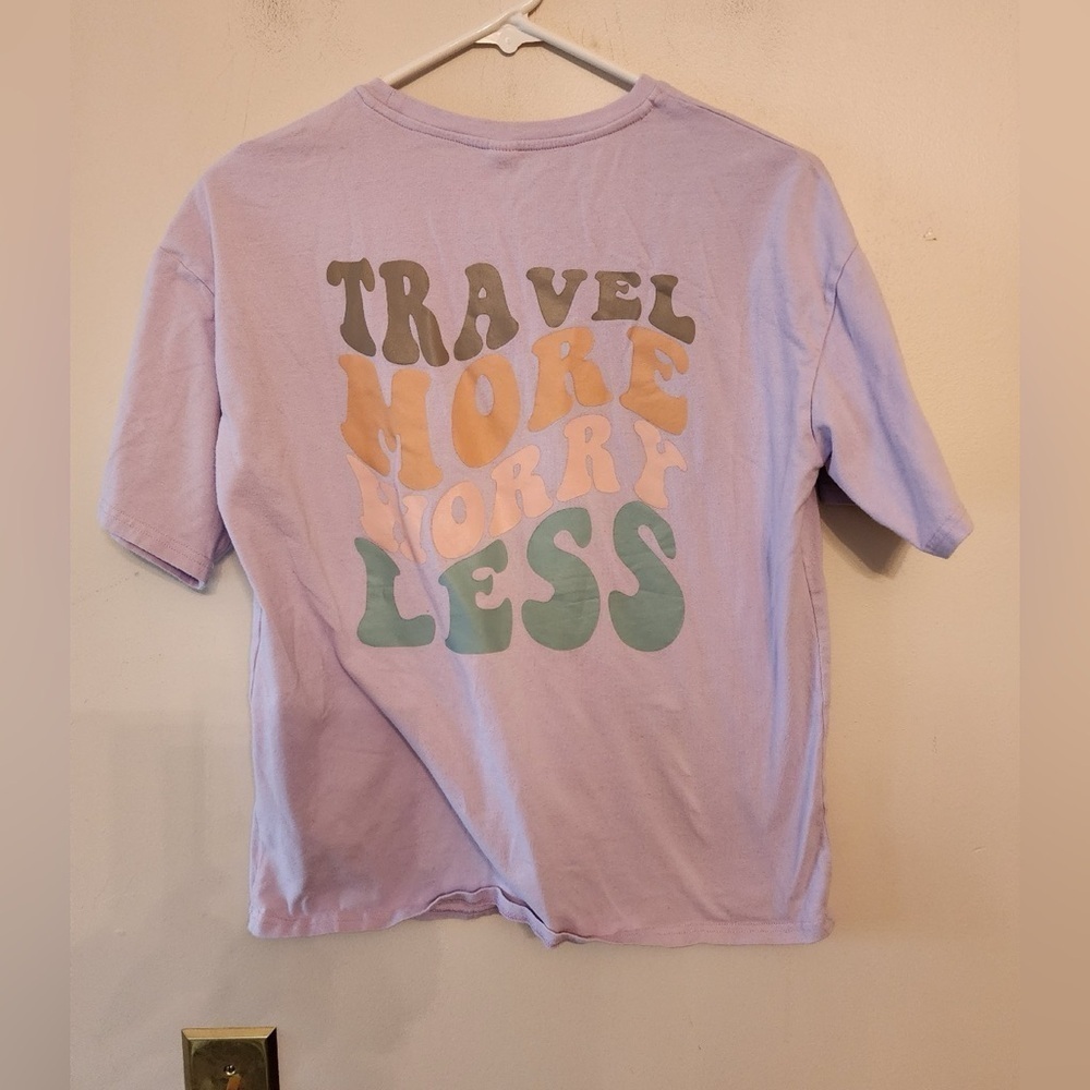 Shein travel more work less graphic t-shirt size youth 11-12 large